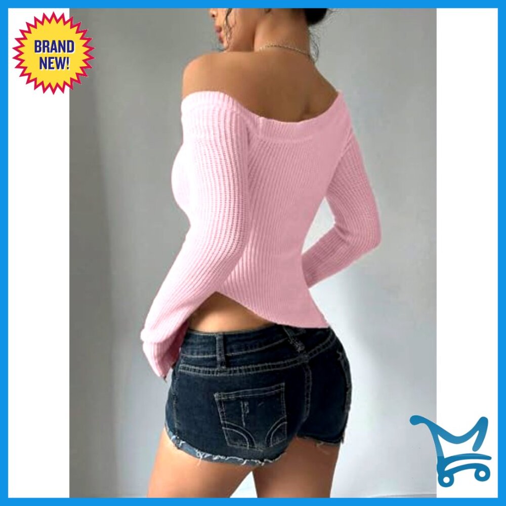 Off Shoulder Cropped Pullover Ribbed Knit Sweater… - image 2